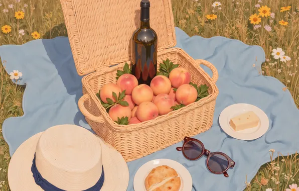 Flowers, wine, glade, apples, bottle, food, hat, cheese