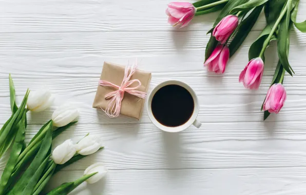 Flowers, holiday, Tulips, Coffee, Gift