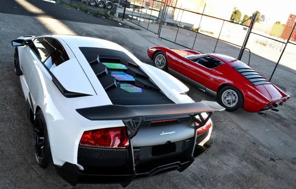 Picture white, red, the fence, red, white, lamborghini, the view from the top, murcielago