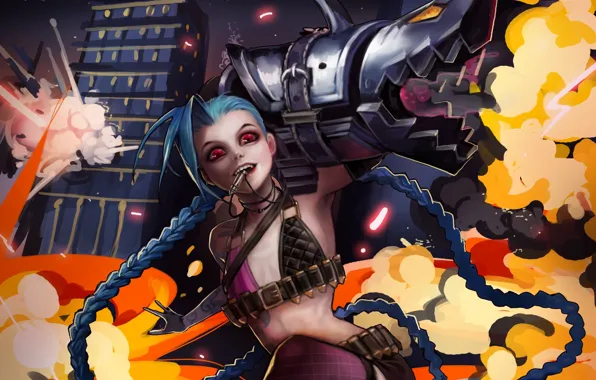 Girl, weapons, explosions, art, League of Legends, LoL, Jinx