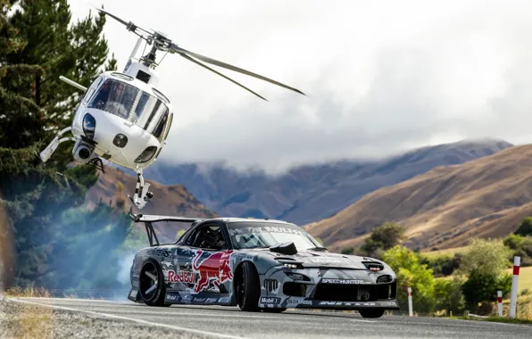 Picture Mountains, Drift, Mazda, Drift, Red Bull, Mountain, Helicopter, Helicopter