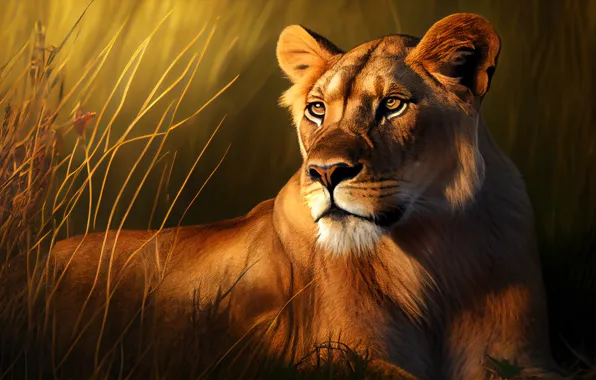 Picture Grass, Look, Lioness, Face, Digital art, Big cat, Ears, Predator