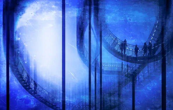 The sky, people, slide, ladder, stage