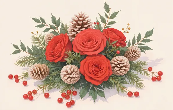 Leaves, flowers, branches, berries, roses, bouquet, fruit, Christmas