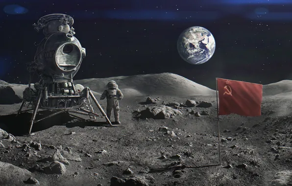 Earth, astronaut, The moon, flag, USSR, ussr, Evgenij Kungur, Project N1-L3