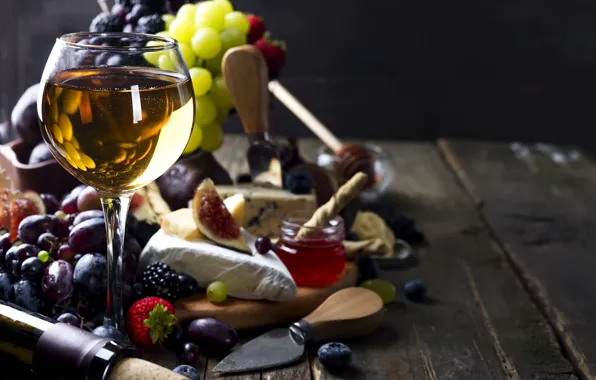 Wine, glass, cheese, strawberry, grapes, figs
