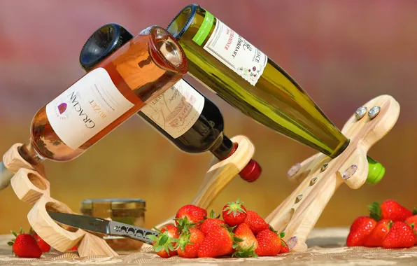 Berries, background, wine, strawberry, knife, man, bottle, trio