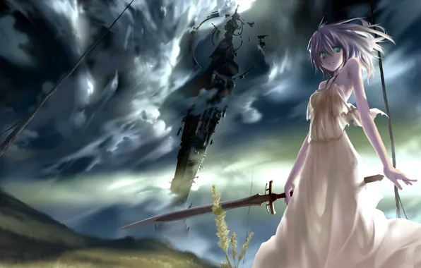 Picture girl, sword, tower, sky, green eyes, weapon, Warrior, anime