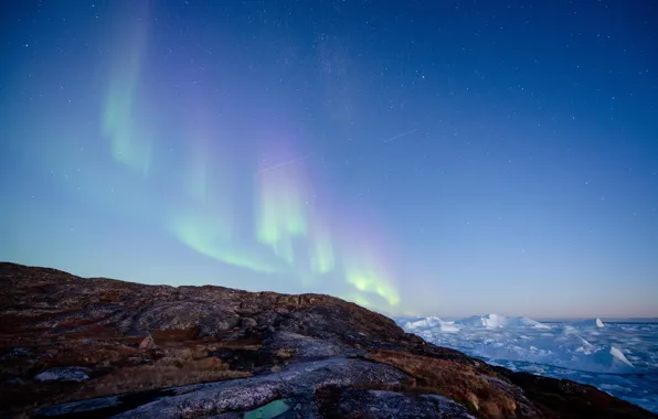 Picture stars, northern lights, Aurora Borealis, ice floes