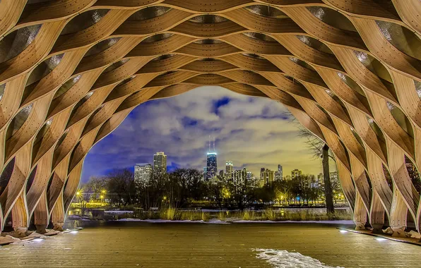 Winter, snow, lights, building, skyscrapers, the evening, arch, America