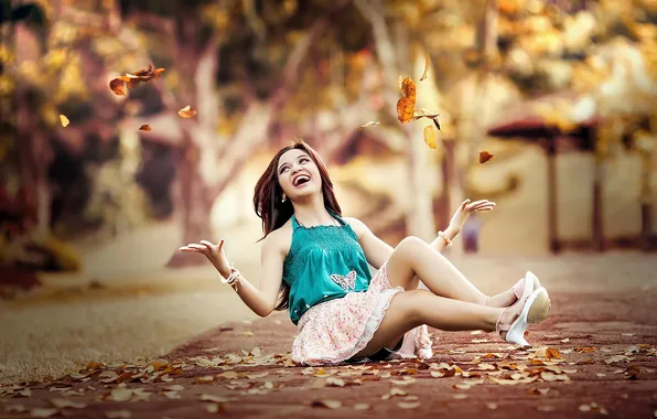 Picture road, autumn, leaves, girl, mood, beauty