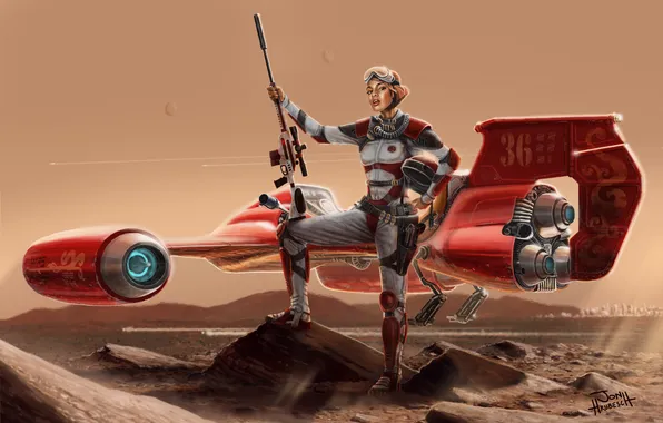 Picture girl, mountains, desert, planet, Mars, pilot, red, rifle
