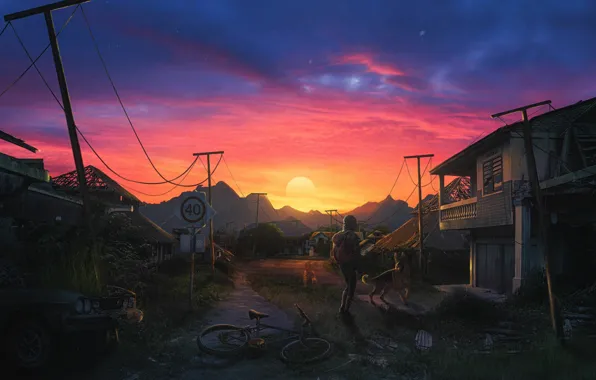 Sunset, The sun, Home, Mountains, Dog, People, Dawn, Apocalypse