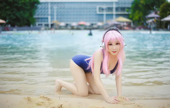 Picture girl, headphones, beautiful, asian, swimsuit, pose, cute