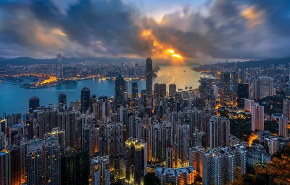 City, Clouds, Sky, Sunset, Hong Kong, Sea