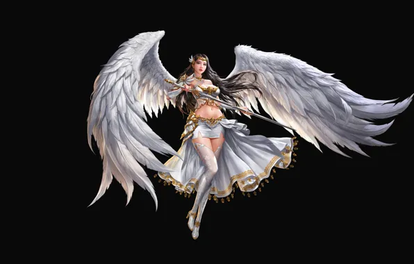 Girl, Minimalism, Angel, Feathers, Style, Asian, Girl, Sword