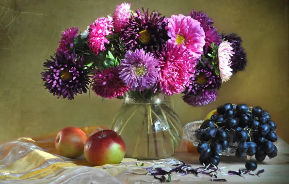 Apples, bouquet, grapes, fruit, still life, asters