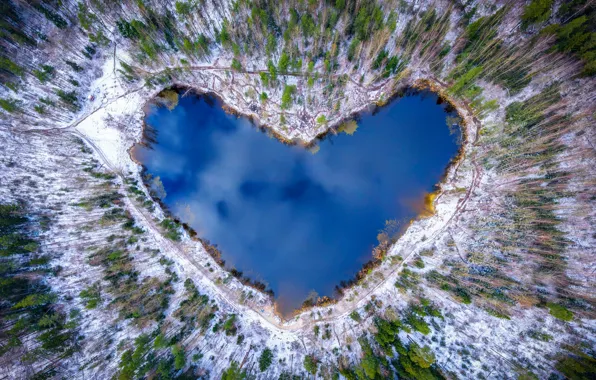 Snow, lake, heart, the view from the top, quadcopter, Sergey Poletaev, Sergei Poletaev