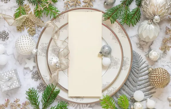 Balls, snowflakes, branches, holiday, plate, Christmas, New year, white