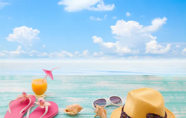 Sea, the sky, the sun, clouds, landscape, glass, umbrella, hat