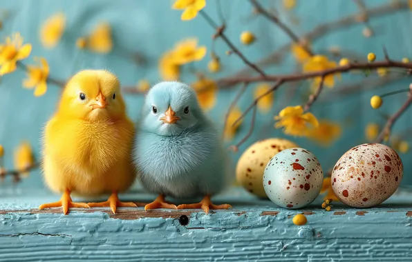 Flowers, chickens, eggs, spring, colorful, Easter, happy, flowers