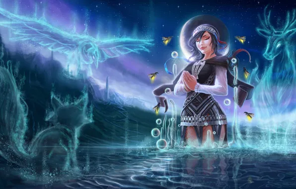 Animals, water, girl, night, magic, perfume, bees