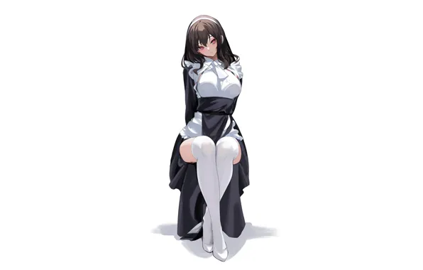 Sitting, white stockings, anime girls, thighs, simple background, maid outfit, white legwear