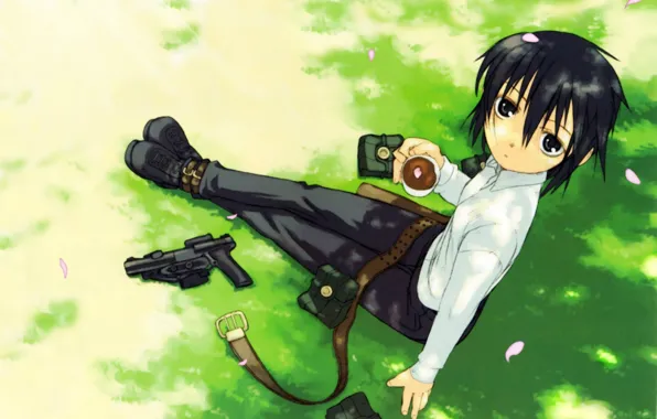 Gun, stay, petals, strap, art, kino no tabi, a Cup of coffee, truck