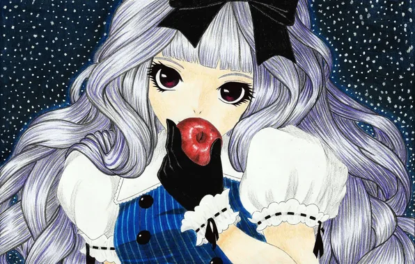 Picture eyes, look, background, hair, Apple, hand, anime, gloves