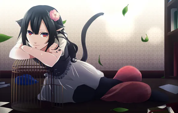 Picture flower, leaves, cell, art, girl, tail, ears, sitting