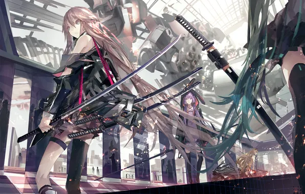 Weapons, girls, katana, art, hood, motorcycle, vocaloid, hatsune miku