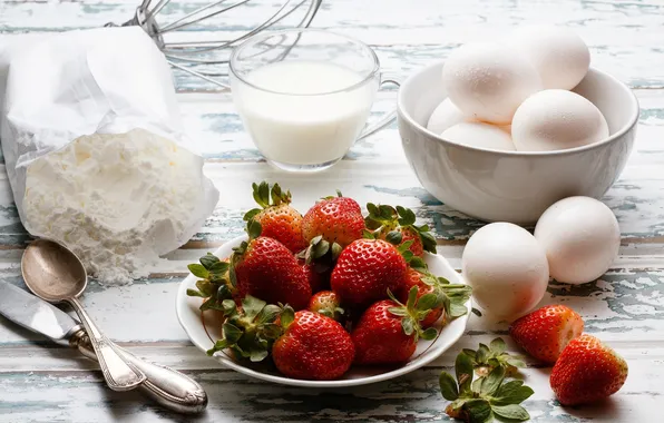Picture berries, eggs, milk, strawberry, dishes, flour