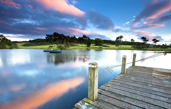 Picture the sky, clouds, landscape, nature, lake, boats, pier