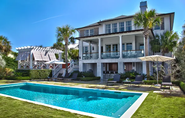 Palm trees, Villa, pool, architecture, mansion, terrace, Baker Backof house