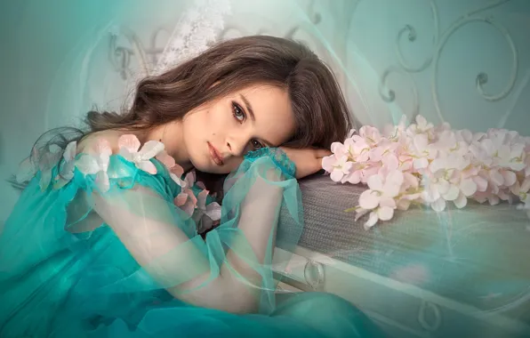 Picture girl, flowers, pose, model, hands, makeup, dress, hairstyle
