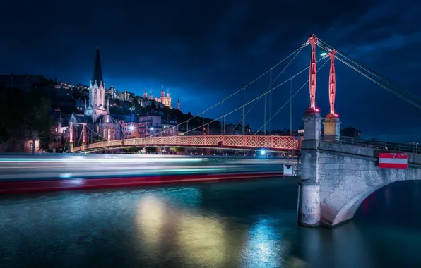 Bridge, lights, river, France, Lyon