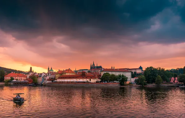 The sky, clouds, clouds, the city, shore, boat, building, home