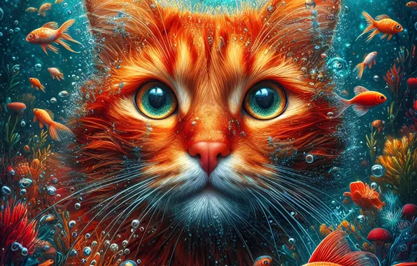 Cat, cat, look, water, fish, pose, portrait, red