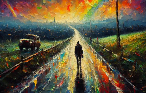 Road, machine, sunset, the city, lights, fog, reflection, the way