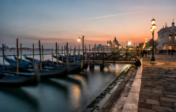 Picture water, the city, boats, the evening, lights, Italy, Venice, channel