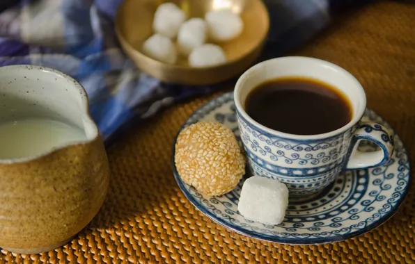 Coffee, milk, sugar