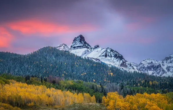 Wallpaper tops, snow, mountains, clouds, the sky, autumn, forest, slope