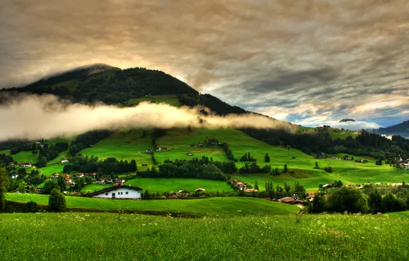 The sky, grass, clouds, trees, landscape, mountains, nature, green