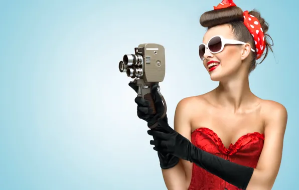 Girl, retro, camera, gloves, headband, brown hair, pin-up, sunglasses