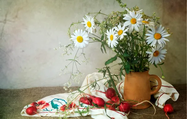 Summer, chamomile, pitcher, still life, radishes
