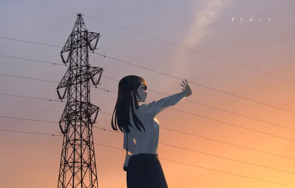Girl, sunset, wire, the evening