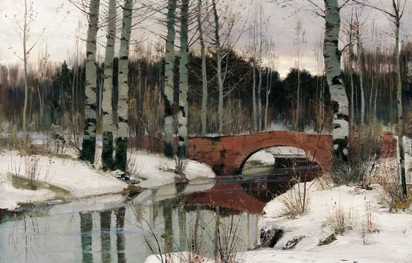 Forest, the sky, water, snow, trees, landscape, bridge, picture