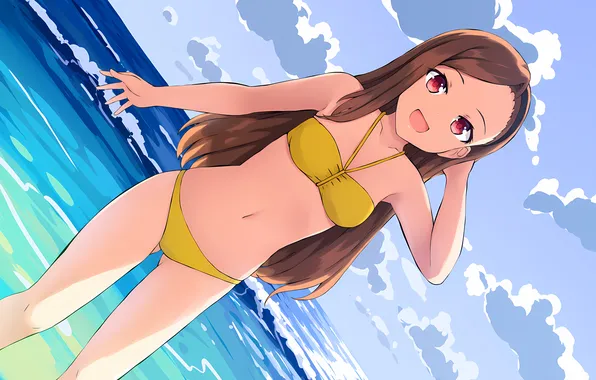 Girl, sexy, beach, long hair, sea, brown hair, anime, beautiful