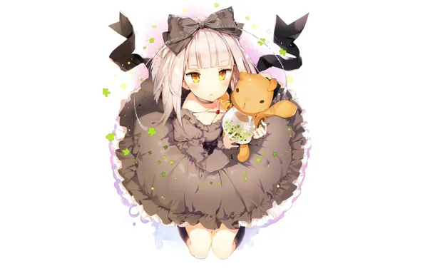 Toy, girl, white background, black dress, bow, looking up, on their knees, the fluffy skirt