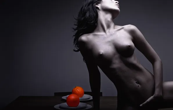 Chest, girl, orange, table, body, oranges, piercing, brunette